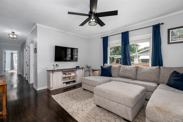 2610 Westover Blvd, Des Moines, IA 50322 - living area with ornamental molding, dark wood-style flooring, and a ceiling fan