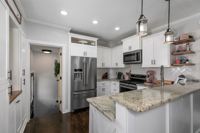 2610 Westover Blvd, Des Moines, IA 50322 - kitchen featuring appliances with stainless steel finishes, open shelves, a peninsula, dark wood-style floors, and backsplash