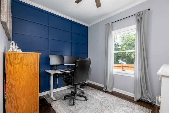 2610 Westover Blvd, Des Moines, IA 50322 - office area featuring crown molding, dark wood-style flooring, and a ceiling fan
