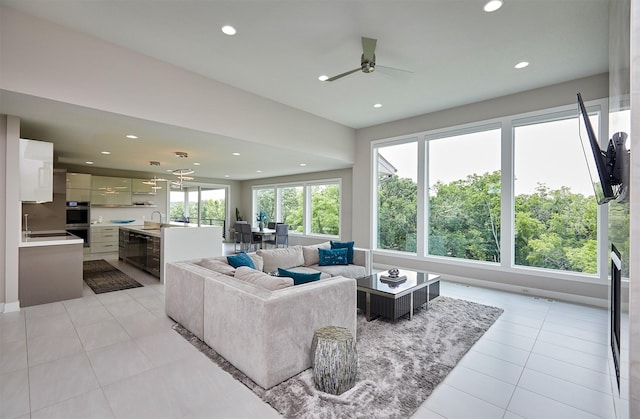 605 S Tiburon Cv, West Des Moines, IA 50266 - living room with recessed lighting, light tile patterned flooring, and ceiling fan