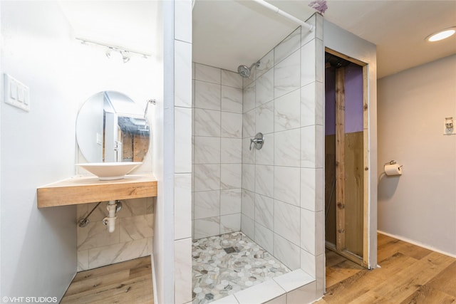 214 SW Scott St, Ankeny, IA 50023 - bathroom with a stall shower, wood finished floors, and recessed lighting