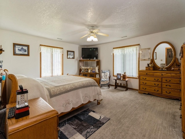 1439 N Shore Dr, Knoxville, IA 50138 - bedroom featuring multiple windows, a textured ceiling, carpet floors, and ceiling fan
