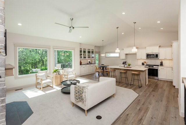 519 16th Avenue Ct SE, Altoona, IA 50009 - living room with ceiling fan, light wood-type flooring, recessed lighting, and high vaulted ceiling