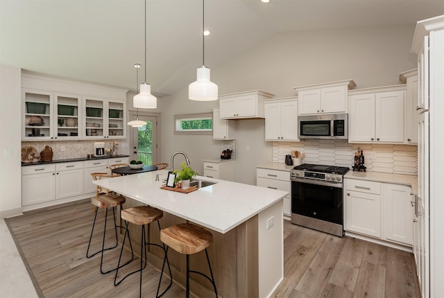 519 16th Avenue Ct SE, Altoona, IA 50009 - kitchen featuring appliances with stainless steel finishes, decorative backsplash, light wood-style floors, a center island with sink, and white cabinetry