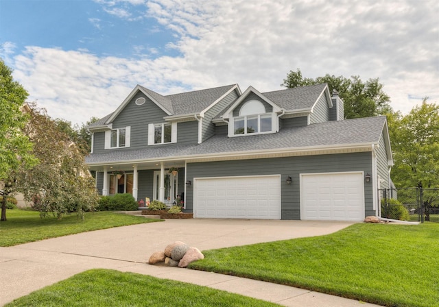 5526 Kensington Cir, Johnston, IA 50131 - traditional-style house with driveway, covered porch, a garage, a chimney, and a shingled roof