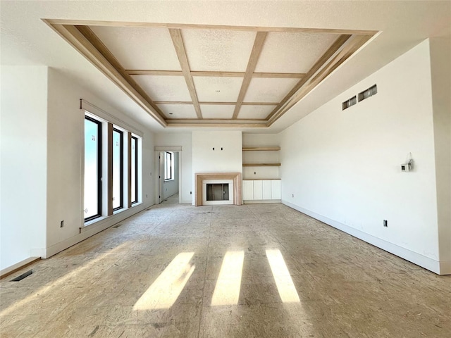 880 Harrington Way, Waukee, IA 50263 - unfurnished living room featuring coffered ceiling and a fireplace