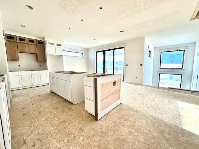 880 Harrington Way, Waukee, IA 50263 - kitchen featuring a center island, healthy amount of natural light, a textured ceiling, white cabinetry, and glass insert cabinets