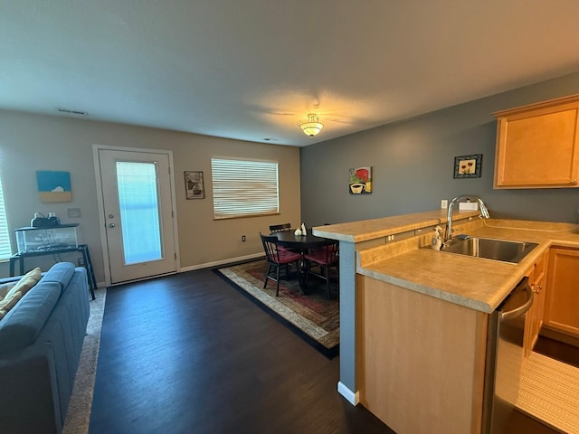 244 4th Ave W, Grinnell, IA 50112 - kitchen featuring a peninsula, light countertops, dishwasher, open floor plan, and dark wood-style flooring