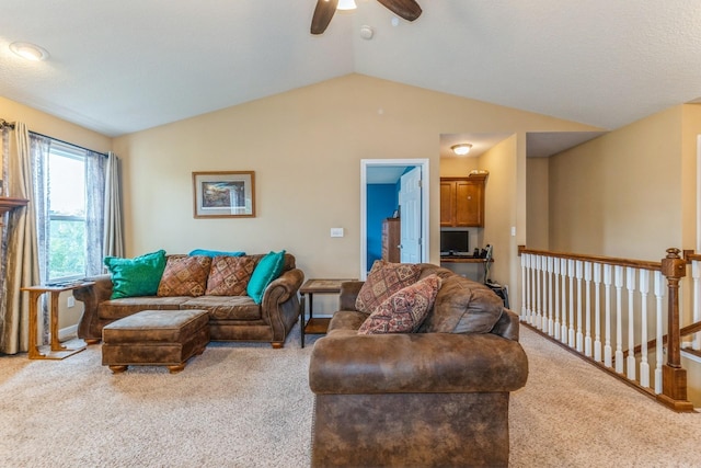 1870 SE Oxford Dr, Waukee, IA 50263 - living area with carpet flooring, a ceiling fan, and lofted ceiling