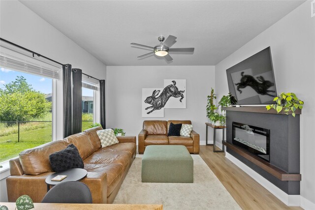 1375 SE Parkview Crossing Dr, Waukee, IA 50263 - living area featuring light wood finished floors, a glass covered fireplace, and ceiling fan