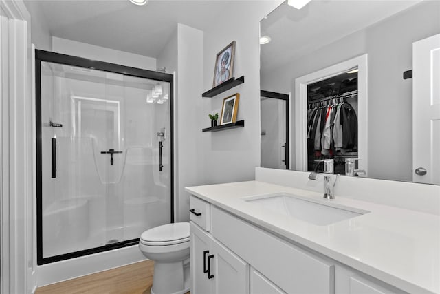 1375 SE Parkview Crossing Dr, Waukee, IA 50263 - full bathroom with vanity, a stall shower, a walk in closet, and wood finished floors