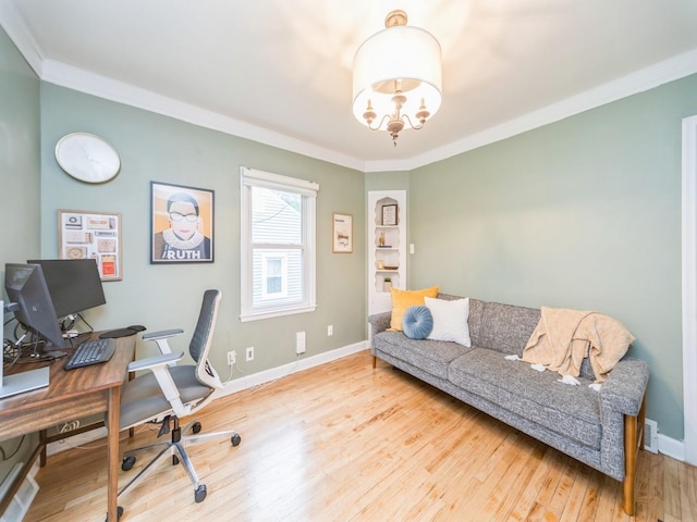 3934 Lincoln Place Dr, Des Moines, IA 50312 - office area with crown molding, wood finished floors, and a chandelier