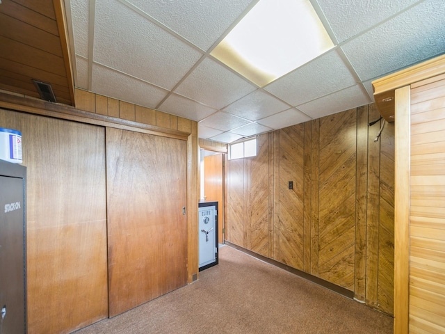 3303 Ashwood Dr, Urbandale, IA 50322 - basement with wooden walls, carpet, a sauna / steam room, and a paneled ceiling