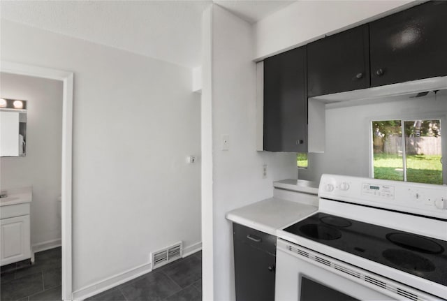 1356 E 17th Ct, Des Moines, IA 50316 - kitchen featuring white range with electric cooktop, dark cabinets, light countertops, and dark tile patterned flooring