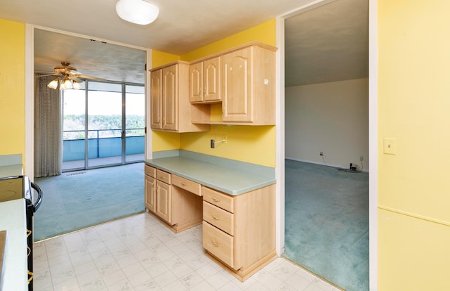 3663 Grand Ave Unit 501, Des Moines, IA 50312 - kitchen with light brown cabinetry, light carpet, built in desk, floor to ceiling windows, and ceiling fan