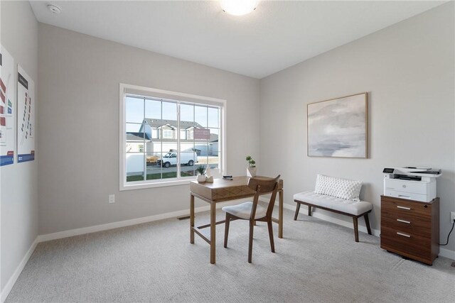 home office with light colored carpet