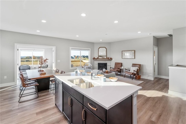 kitchen with an island with sink, sink, light hardwood / wood-style floors, and a wealth of natural light