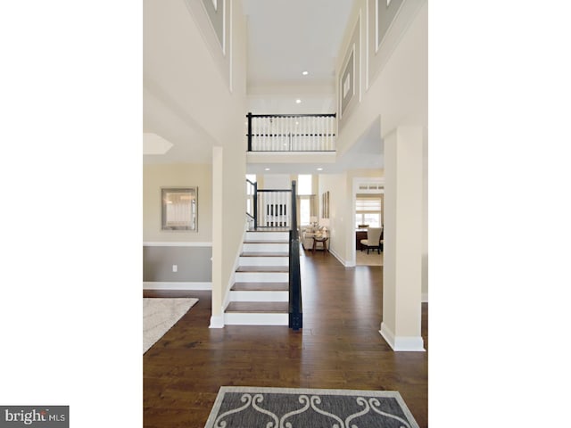 foyer featuring a high ceiling and dark hardwood / wood-style flooring