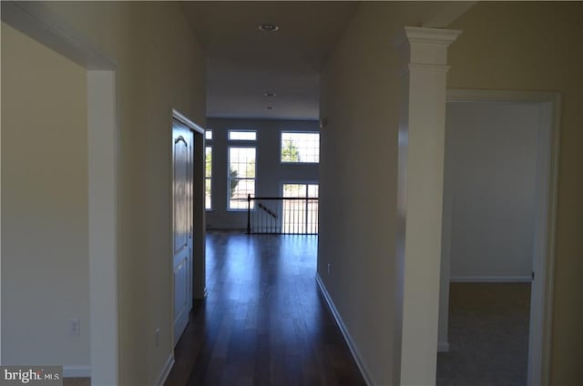 hallway featuring ornate columns and dark hardwood / wood-style floors