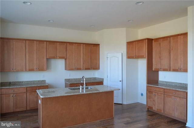 kitchen featuring dark hardwood / wood-style flooring, sink, light stone countertops, and a kitchen island with sink