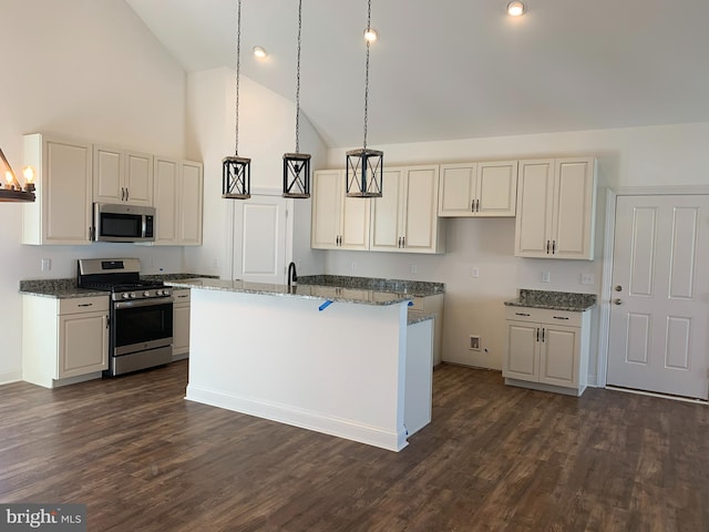 kitchen with decorative light fixtures, dark hardwood / wood-style flooring, stainless steel appliances, and high vaulted ceiling