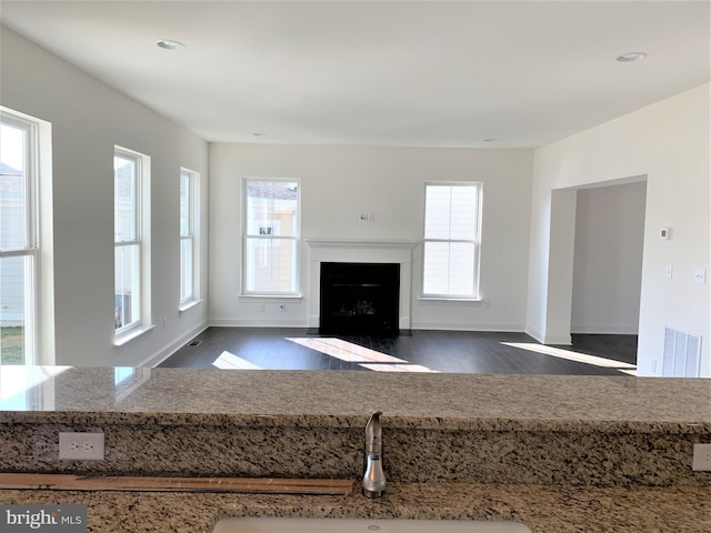 unfurnished living room featuring dark wood-type flooring and sink