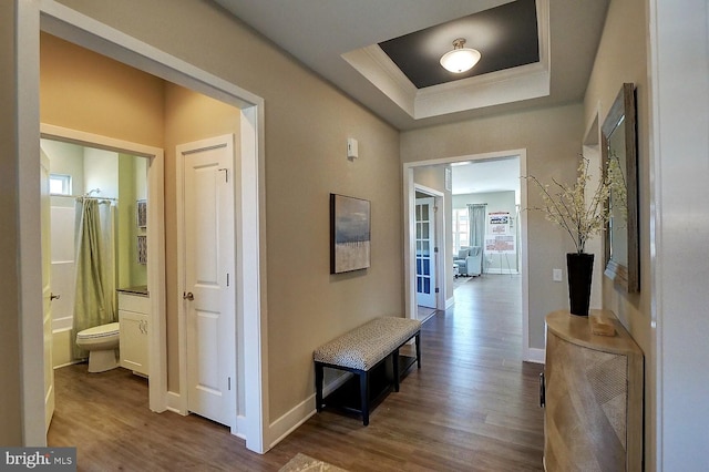 corridor featuring a tray ceiling, french doors, wood-type flooring, and ornamental molding