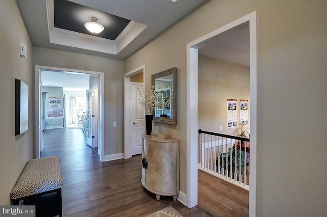 corridor with a tray ceiling and dark wood-type flooring