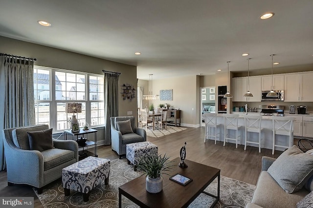 living room with dark hardwood / wood-style flooring