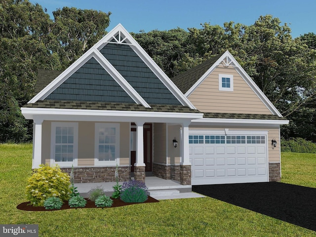 craftsman-style house with a front yard, a porch, and a garage