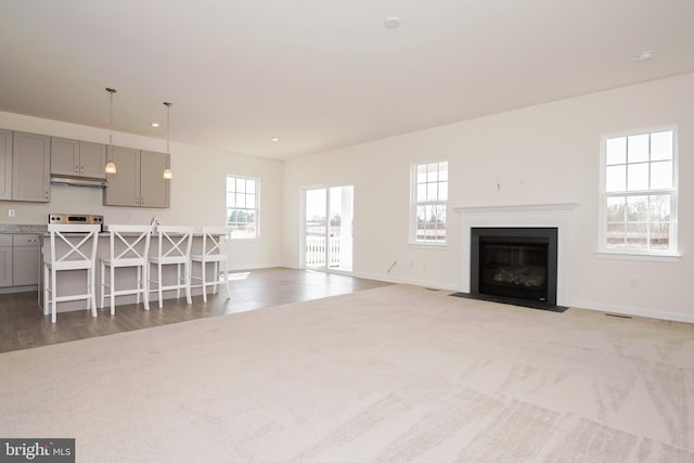 unfurnished living room featuring plenty of natural light and light wood-type flooring