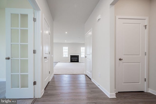 corridor with hardwood / wood-style flooring