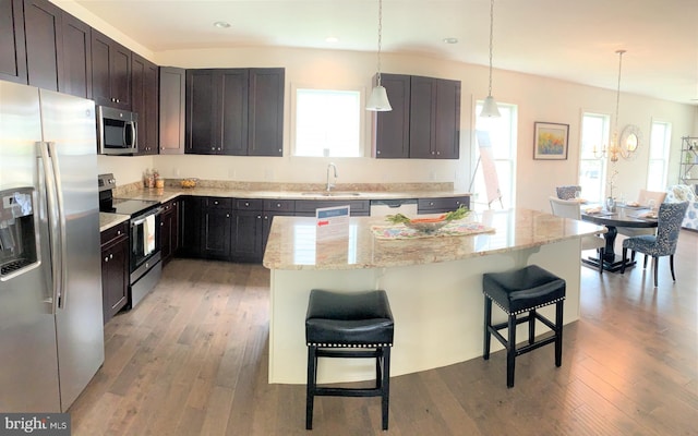 kitchen with plenty of natural light, wood-type flooring, pendant lighting, and appliances with stainless steel finishes