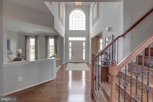 entryway featuring hardwood / wood-style floors, plenty of natural light, a towering ceiling, and a notable chandelier