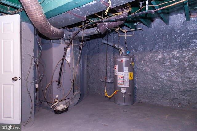 unfinished below grade area with water heater and heating unit