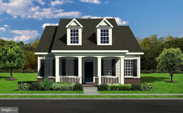 cape cod house with covered porch and a front yard