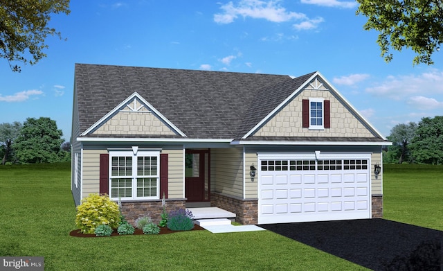 craftsman inspired home with a garage and a front lawn