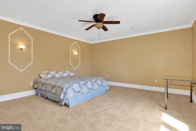 bedroom featuring ceiling fan, light colored carpet, and ornamental molding