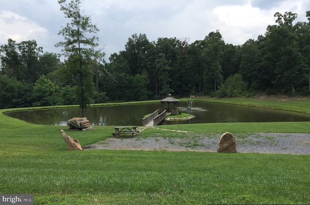 view of home's community featuring a lawn and a water view