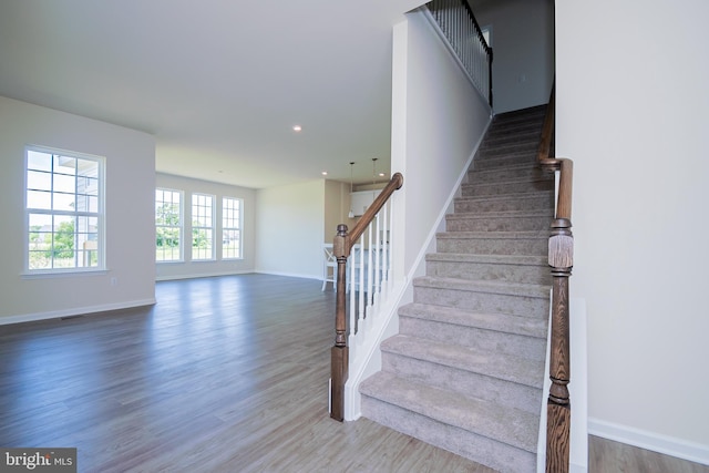 stairway with dark hardwood / wood-style flooring