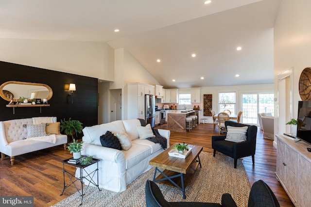 living room with dark hardwood / wood-style flooring, high vaulted ceiling, and sink