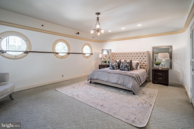 bedroom featuring light colored carpet, crown molding, a tray ceiling, and a chandelier