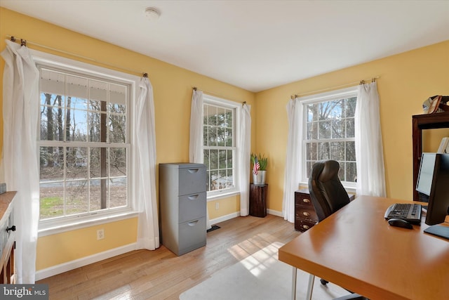 office area featuring light wood-style flooring and baseboards
