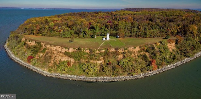 birds eye view of property featuring a water view and a wooded view