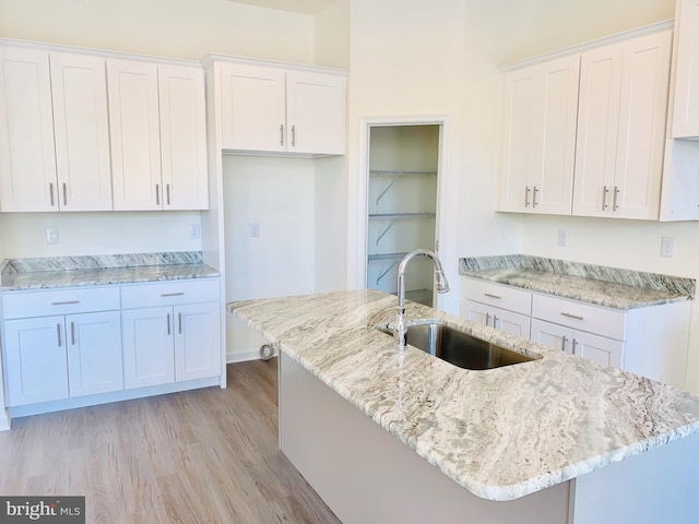 kitchen featuring white cabinets, light wood-type flooring, sink, and a kitchen island with sink