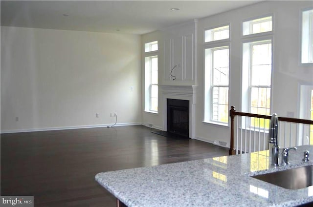 unfurnished living room featuring sink and dark wood-type flooring