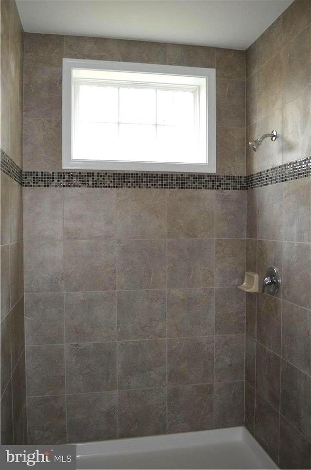 bathroom with a tile shower and plenty of natural light