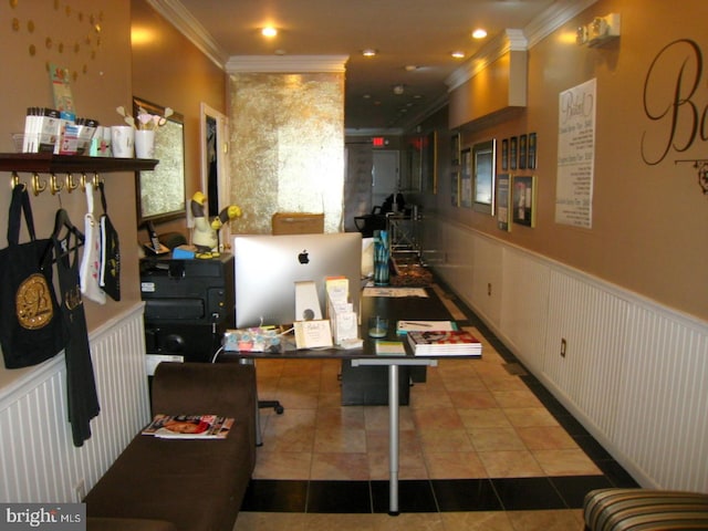 interior space featuring tile patterned floors and ornamental molding