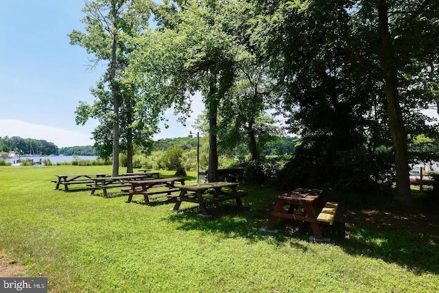 view of home's community with a water view and a lawn