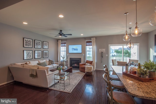 living room with dark hardwood / wood-style floors and ceiling fan